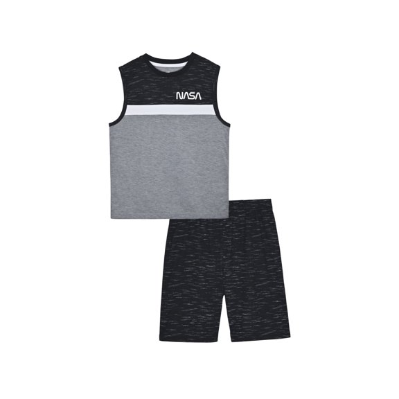 Sleep On It Boys 2-Piece Muscle-Tank Jersey Pajama Shorts Set - NASA - Black & Grey, Size: S 6/7