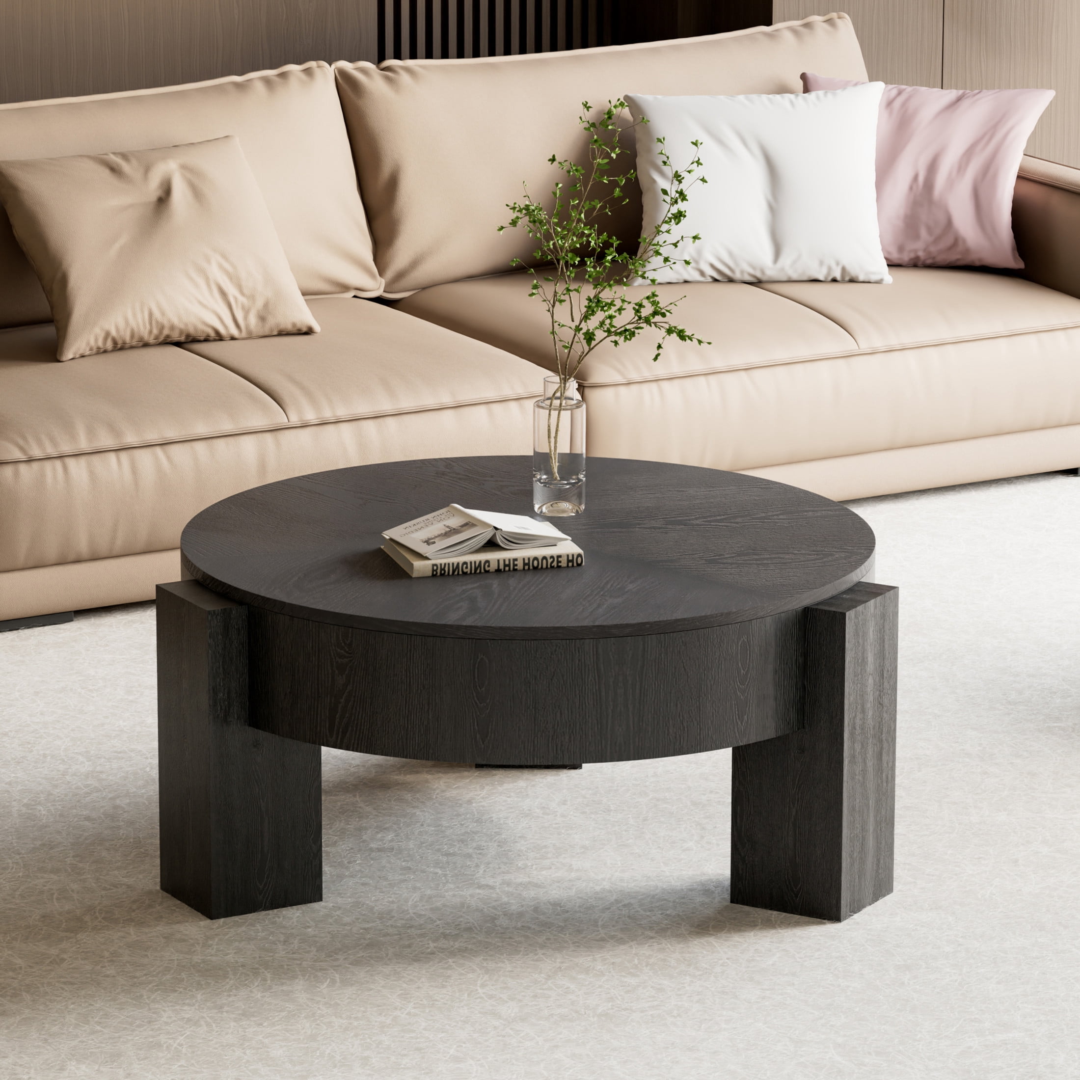 Noble House Lira 33" Round Coffee Table with Hidden Storage, Sturdy Accent Table for Living Room, Small Space, Black