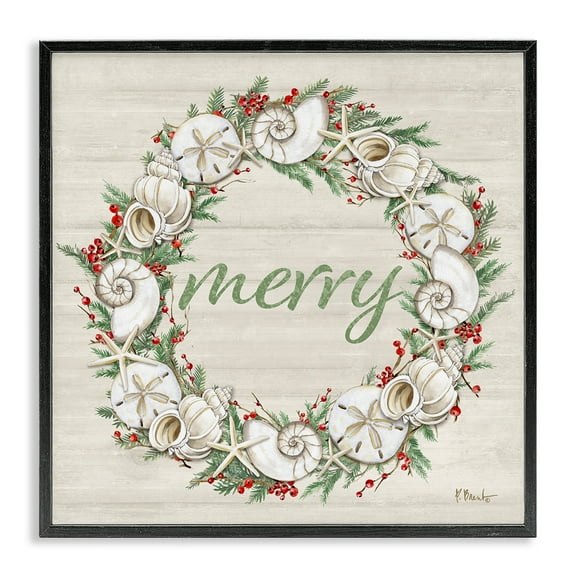 Stupell Industries Shells & Festive Holly Holiday Painting Black Framed Art Print Wall Art, 12 x 12