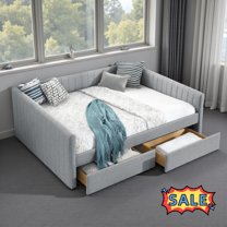 Tcbosik Upholstered Daybed Queen Size, Linen Fabric Sofa Bed with 2 Storage Drawers, Wood Bed Frame for Bedroom, Living Room, Guest Room, Space Saving, Grey