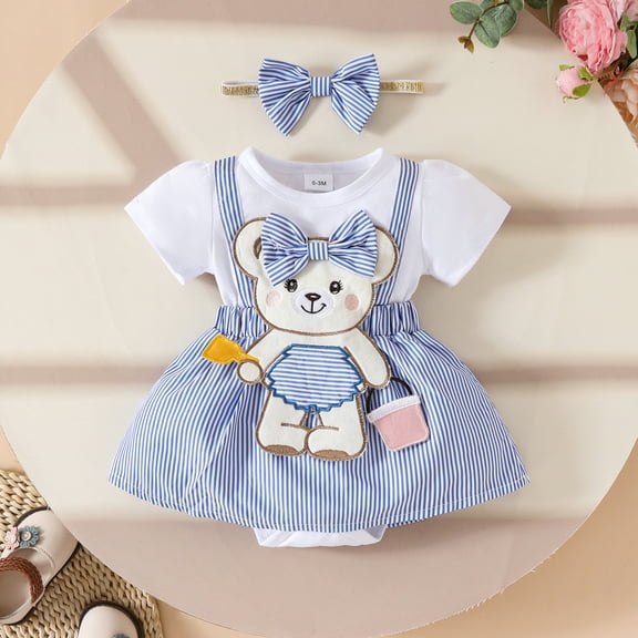 Newborn Onesies Boy Infant Girls Short Sleeve Teddy Bear Striped Romper with Headband Baby Girl Romper Blue 9-12 Months