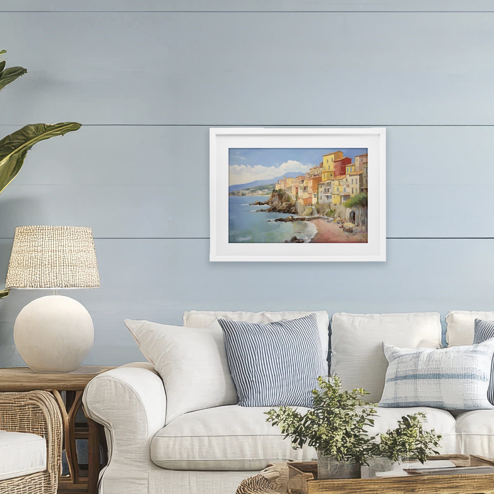 Stupell Industries Colorful Coastal Town by Sea White Framed Print Under Glass, design by Creative Studio