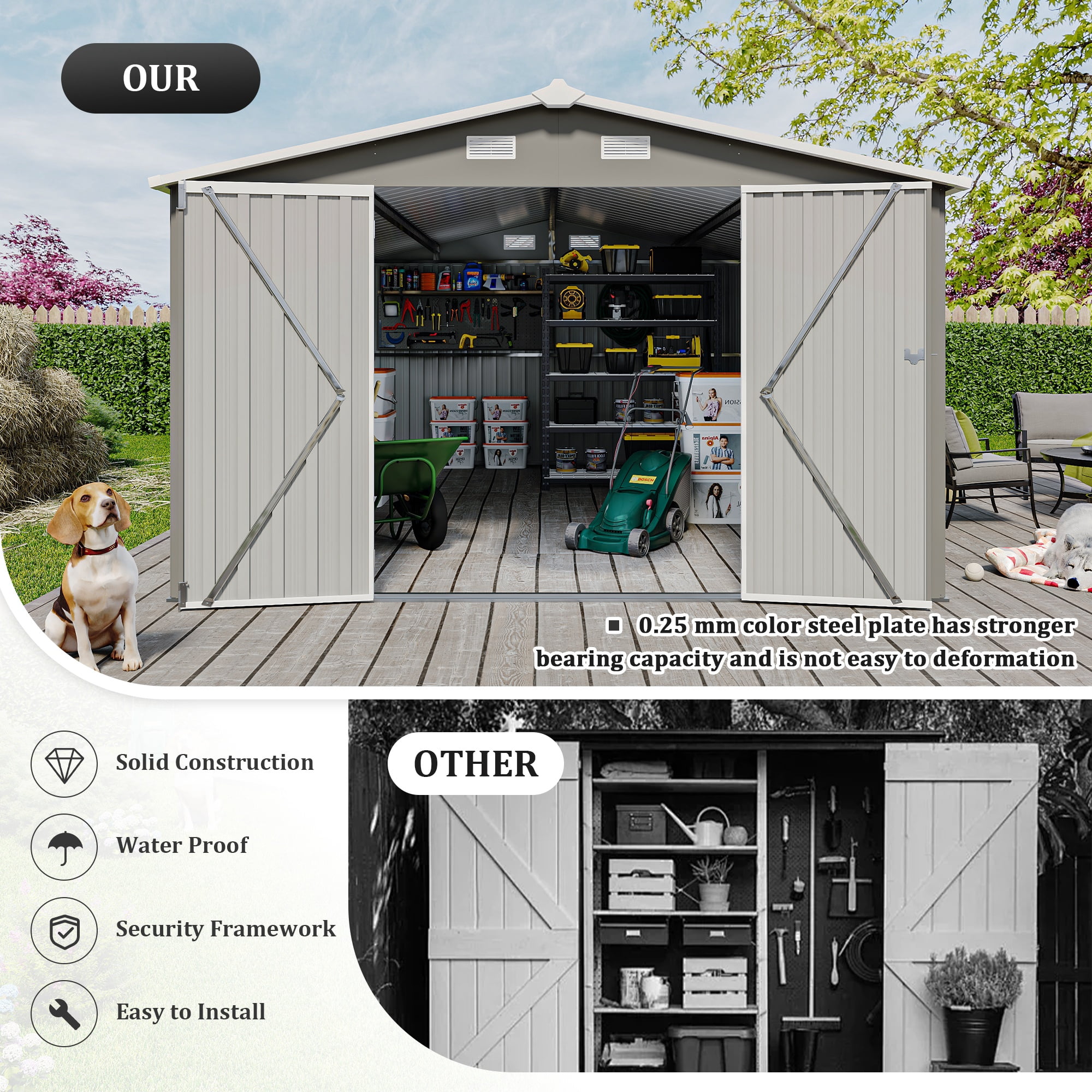 10 x 14 FT Outdoor Storage Shed, Large Metal Storage Sheds with 3 Lockable Door and 4 Air Vent, Surface Protective Film, Garden Tool Shed for Bicycles, Tools, Lawnmowers, Backyards, Patios, Lawns