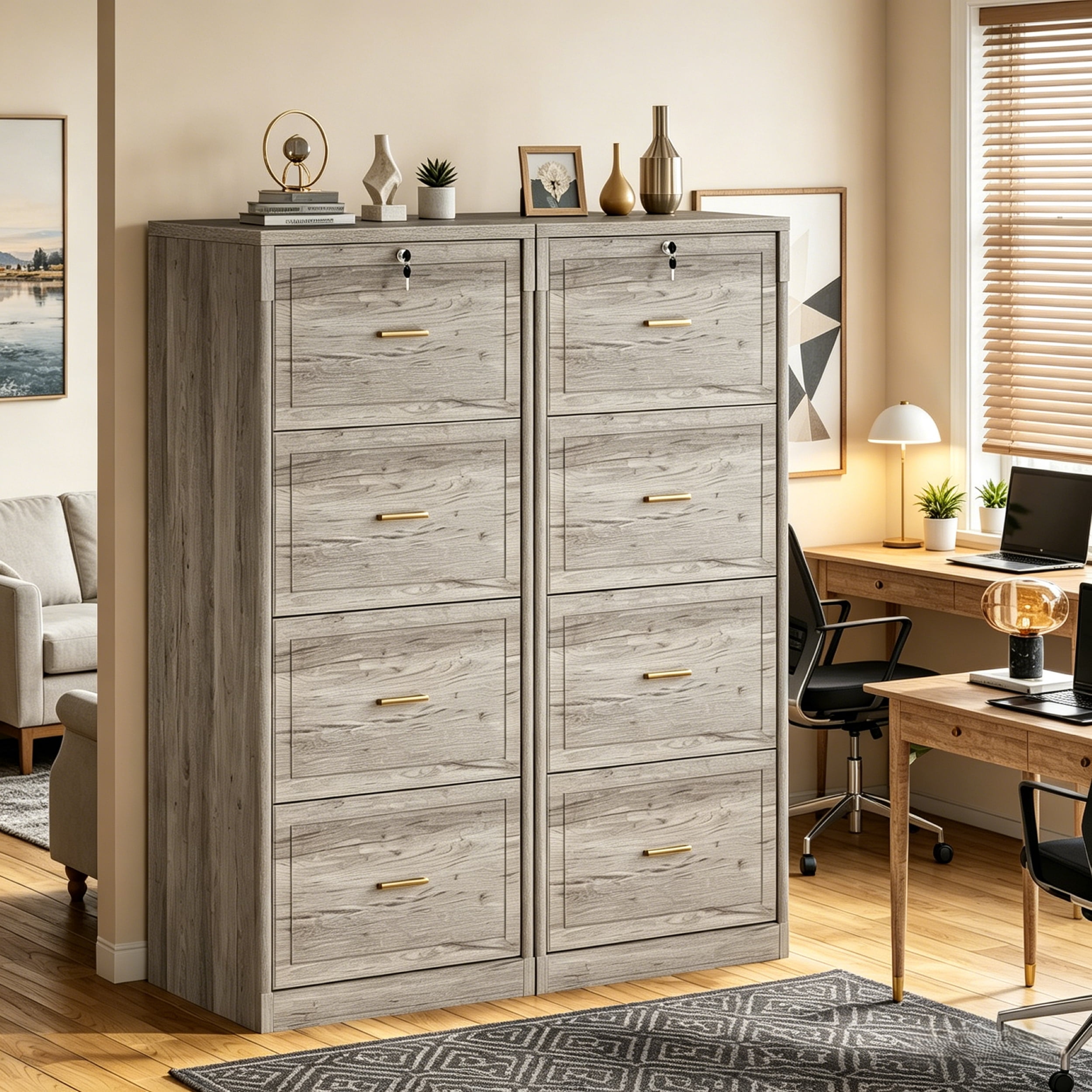 Fnova 4-Drawer File Cabinet, Tall Filing Cabinet with Lock and Key, Heavy Duty Wooden Vertical Office Storage Organizer for Legal Size/Letter/A4/Files, Home Office, Gray