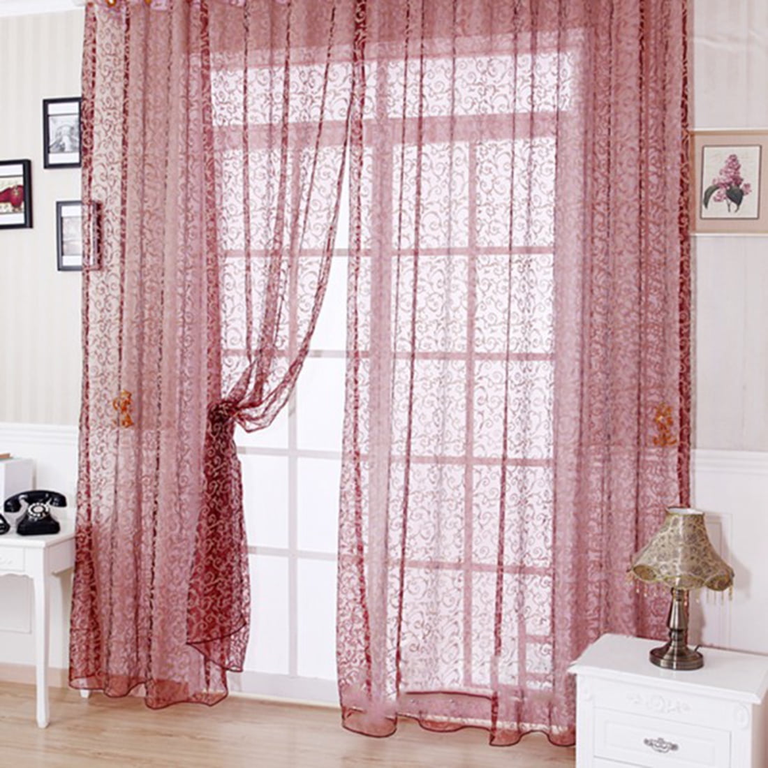Romantic Sheer Curtain Voile Window Big Hook Flocking