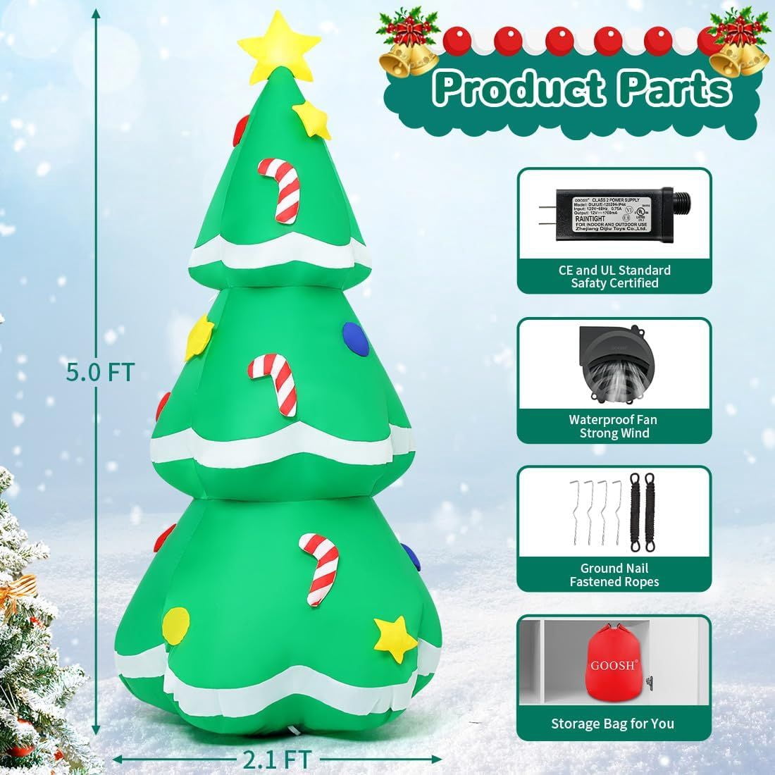 5 FT Christmas Inflatables Tree Outdoor Decorations Blow Up Tree Yard Decoration with Built-in LEDs for Xmas Holiday Party Indoor Garden Lawn Decor