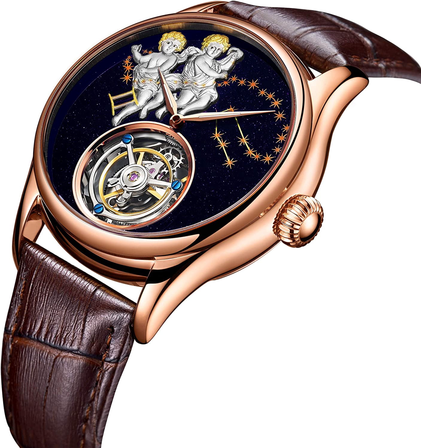 AESOP Men Genuine Mechanical Hand-Wind Skeleton Tourbillon Gemini 
