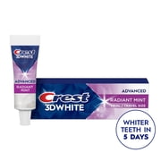 Crest Toothpaste, 3D White Advanced Teeth Whitening Toothpaste, Radiant Mint, .85 oz Travel Size