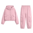 thumbnail image 2 of Kids Stand Collar Set, Long Sleeve Zipper Coat & Pants, Leisure Two-Piece Outfit For Children Pink 14-15Years, 2 of 7