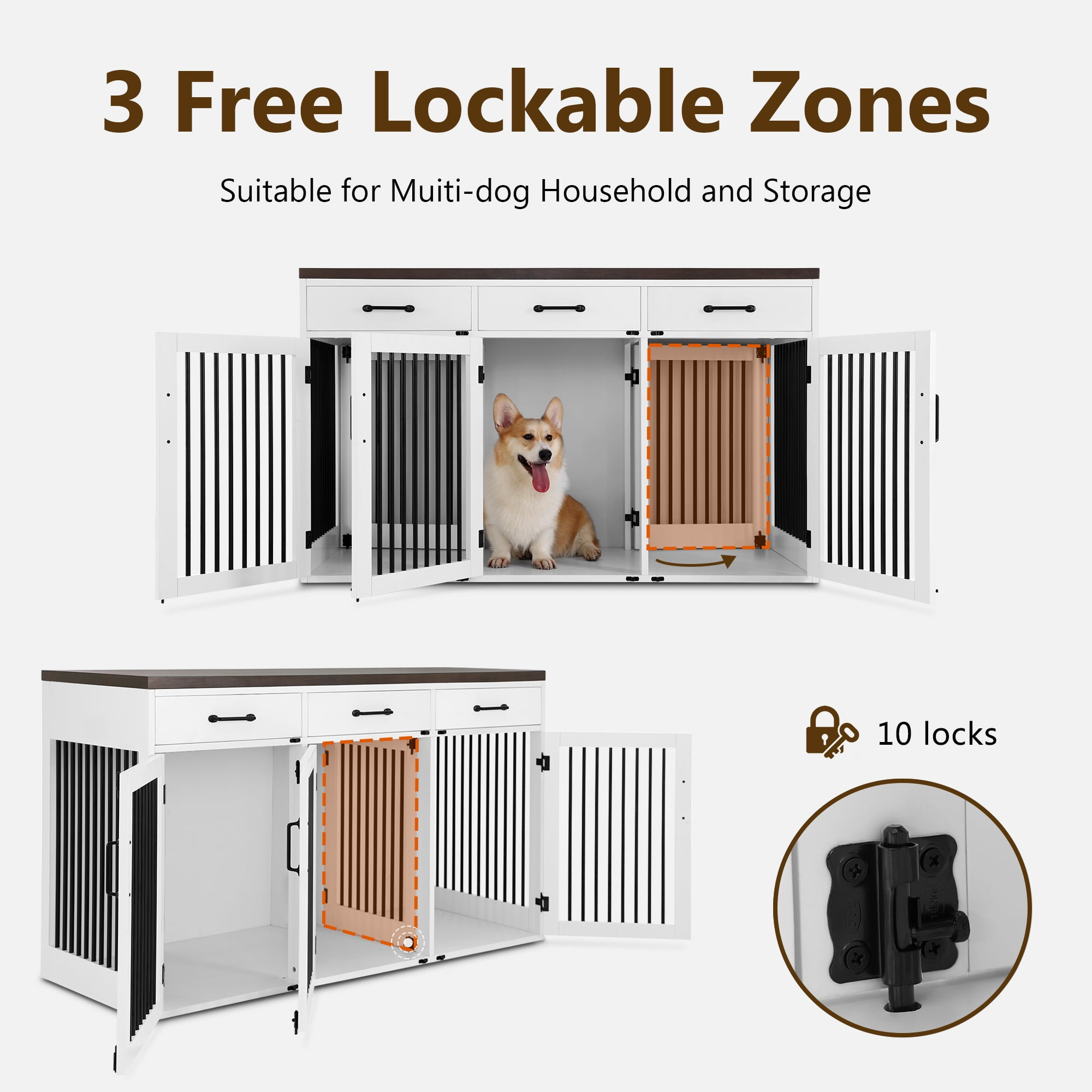 MCombo 55.5" L x32.4"H Large Wooden Dog Crate Furniture with Drawers, Lockable Doors, Removable Dividers