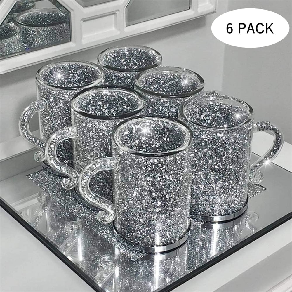 6Pack Glass Mug with Handle, 7oz Silver Double Walled Cup filled with  Crystal Crushed Diamond for Hot Beverages, CABINAHOME Hand-made Bling  Kitchen 