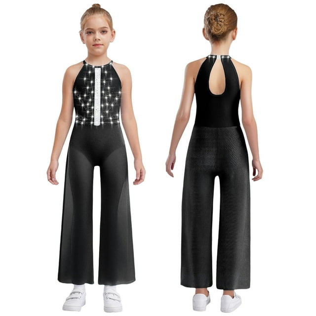 iiniim One Piece Rompers Overall for Girls Rhinestones Dance Bodysuit Disco Party Wide Leg Pants Playsuit Black 6
