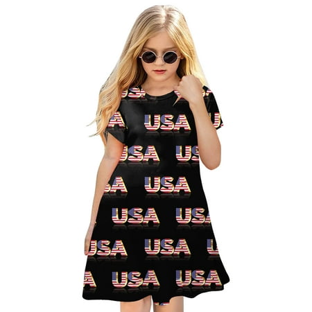 

GWAABD Summer Dresses for Kids Girls Black Polyester Spandex toddler Kids Girl Fourth of July Independent Day Star Stripes Prints Short Sleeves Party Costome Princess Dress 150