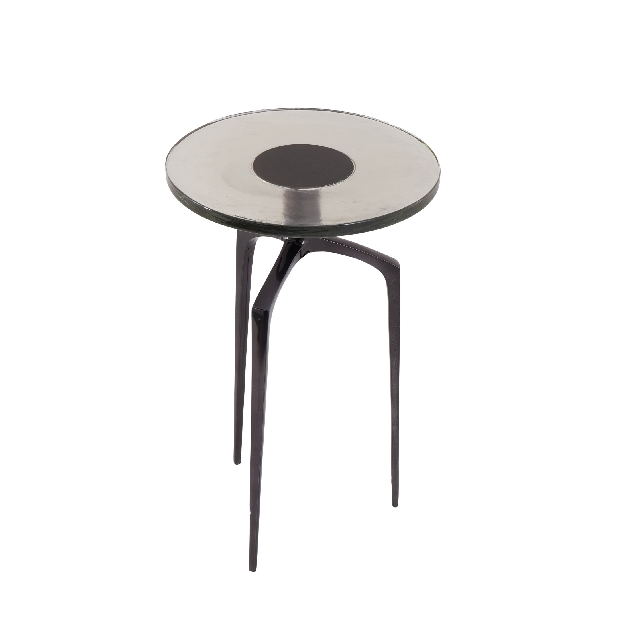 DecMode 13" x 22" Black Aluminum Metal Small Tripod Accent Table with Textured Glass Tabletop, 1-Piece