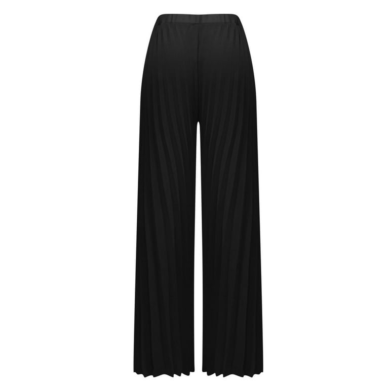 Olyvenn Women's Fashion Summer Casual Solid Chiffon Pockets Elastic Waist  Full Length Long Pants Double Layer Crinkle Wide Leg Pants Trousers Flare  
