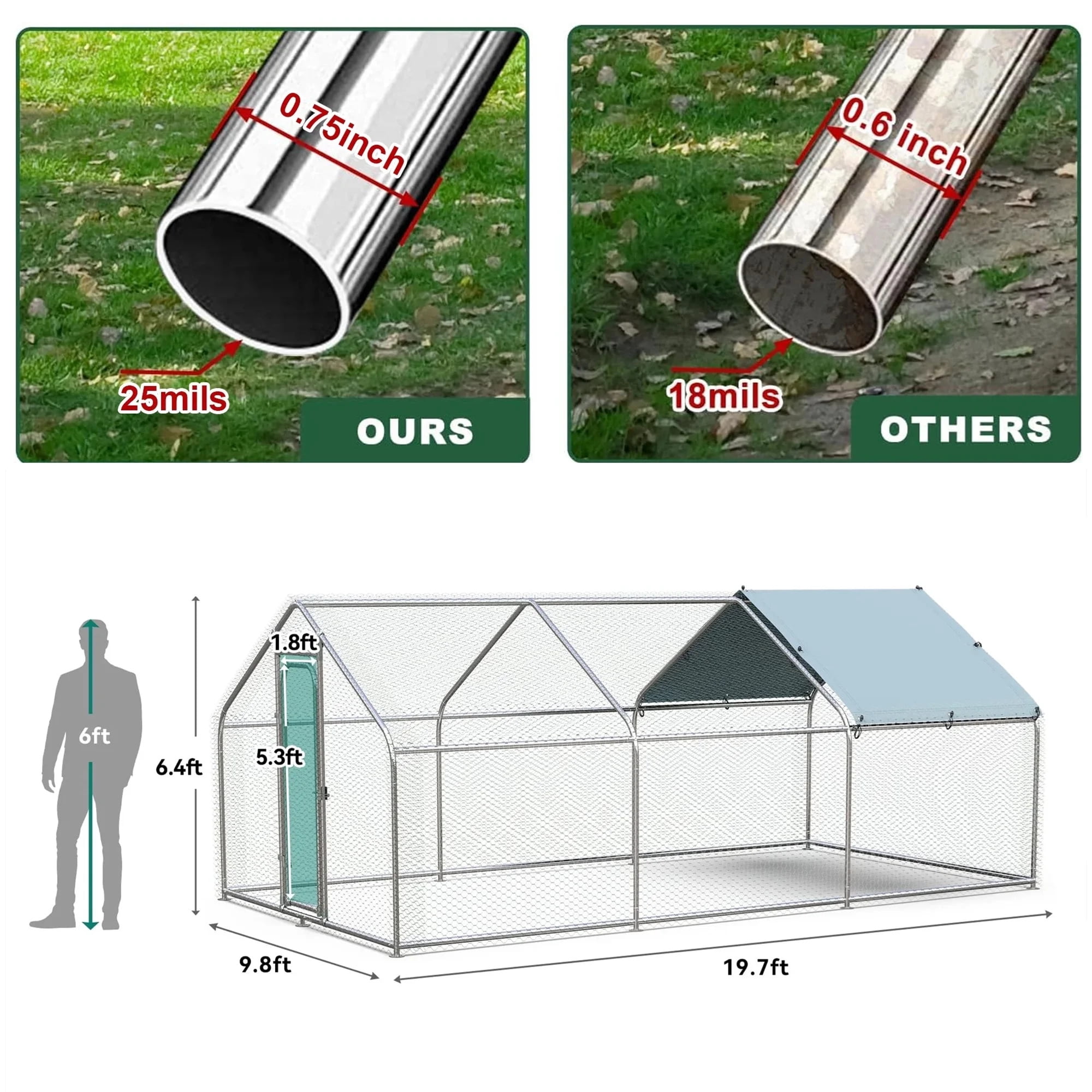 Aukfa Chicken Coop, 20 ft Large Chicken Run Cage Outdoor, Heavy Duty Spire Shaped Metal Frame, Silver