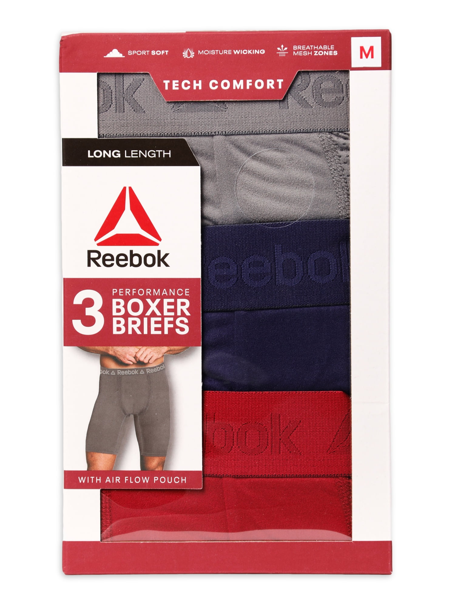 Reebok Men's Tech Comfort Long Length Boxer Brief Underwear, 9 inch, 3 Pack  