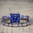 thumbnail image 4 of JeenMata 1.50 ct Princess Cut Dark Lab Created Blue Sapphire Vintage Wedding Rings - Trio Bridal Set in 18K Black Gold over Silver, 4 of 6