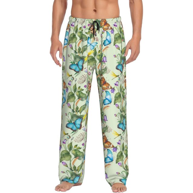 Fotbe Meadow Plants And Butterflies Pantalones de Pijama para Hombre, Pantalones de Dormir, Pantalones de Casa con Cintura Ajustable y Bolsillos-X-Large