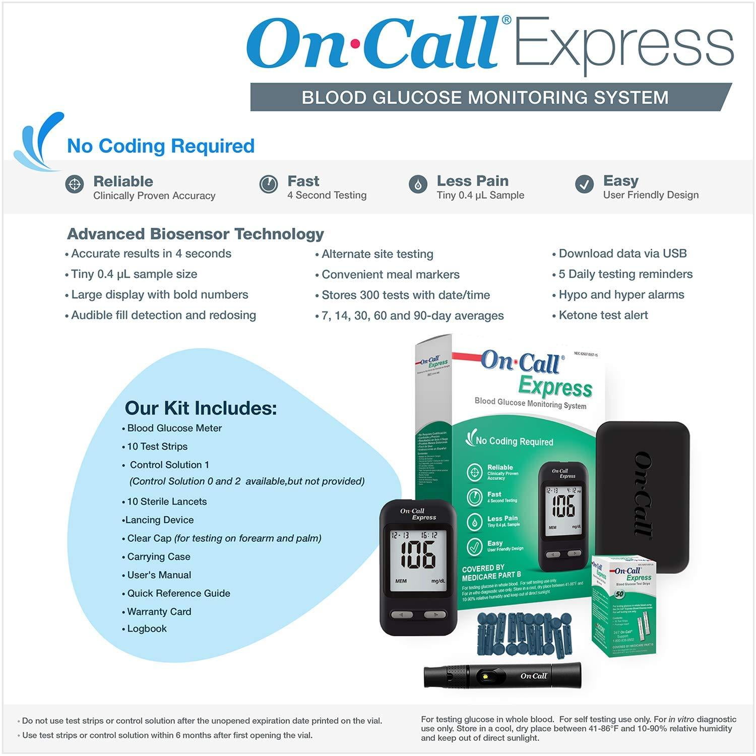 On Call Express Diabetes Testing Kit Blood Glucose Meter 10 Blood Test Strips 1 Lancing Device 30g Lancets Control Solution Carrying Case Log Book Black New Walmart Com Walmart Com