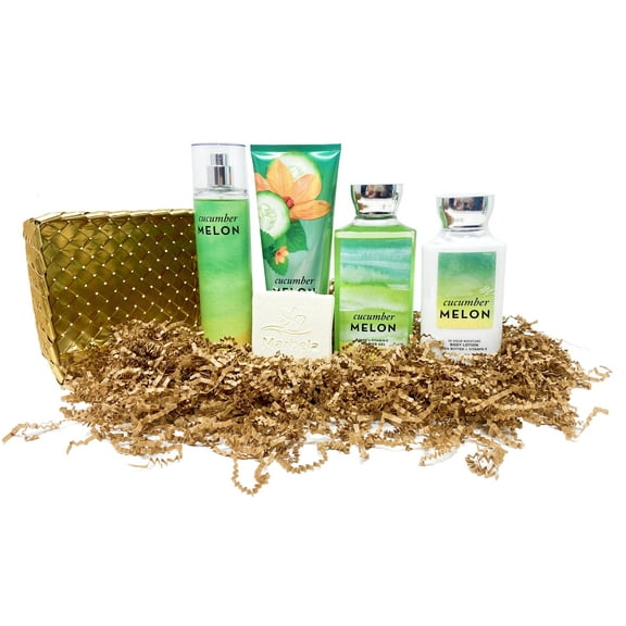 Bath & Body Works Cucumber Melon Gold Woven Basket 4 Piece Gift Set - Fine Fragrance Mist, Body Cream, Body Lotion and Shower Gel With a Natural Oats Sample Soap