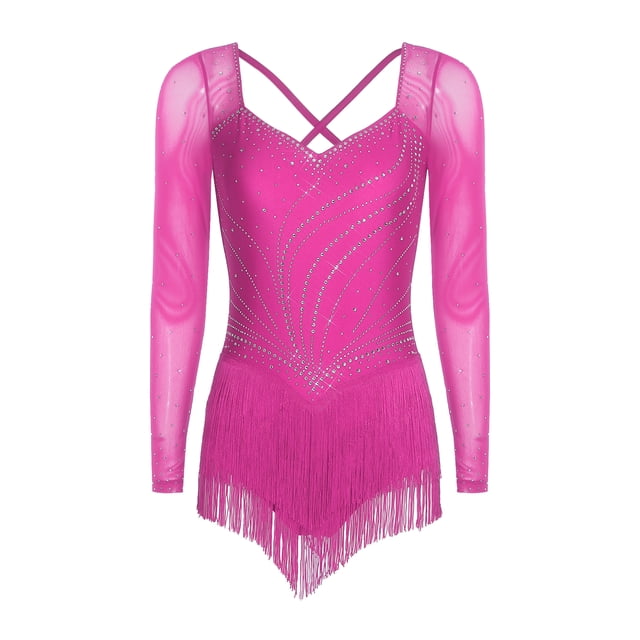 dPois Combinaison à Franges avec Strass pour Femmes, Ourlet à Franges, Justaucorps à Étages pour Patinage Artistique, Tango, Rumba, Danse, Rose Vif P