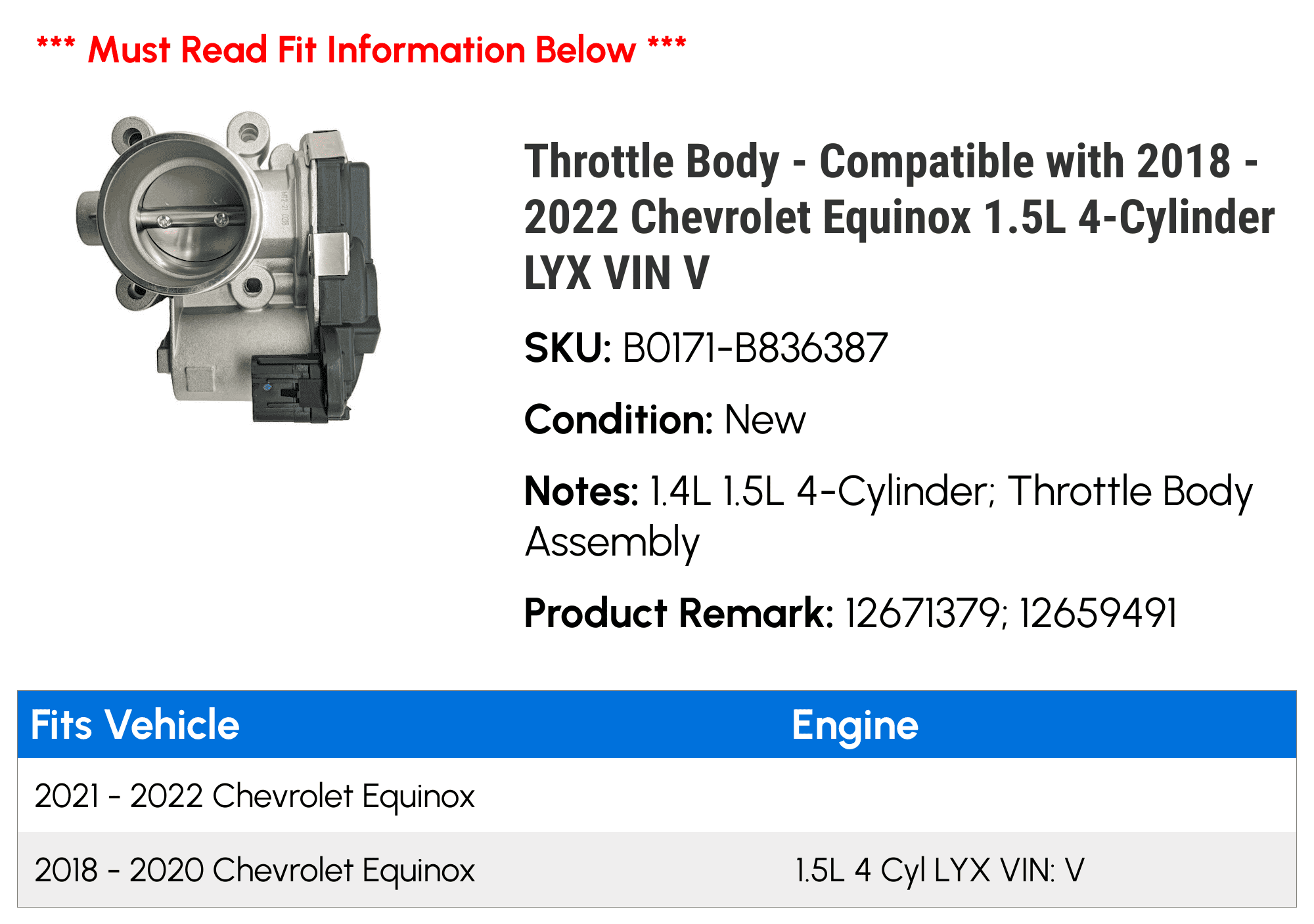 Throttle Body - Compatible with 2018 - 2022 Chevy Equinox 1.5L 4-Cylinder LYX VIN V 2019 2020 2021