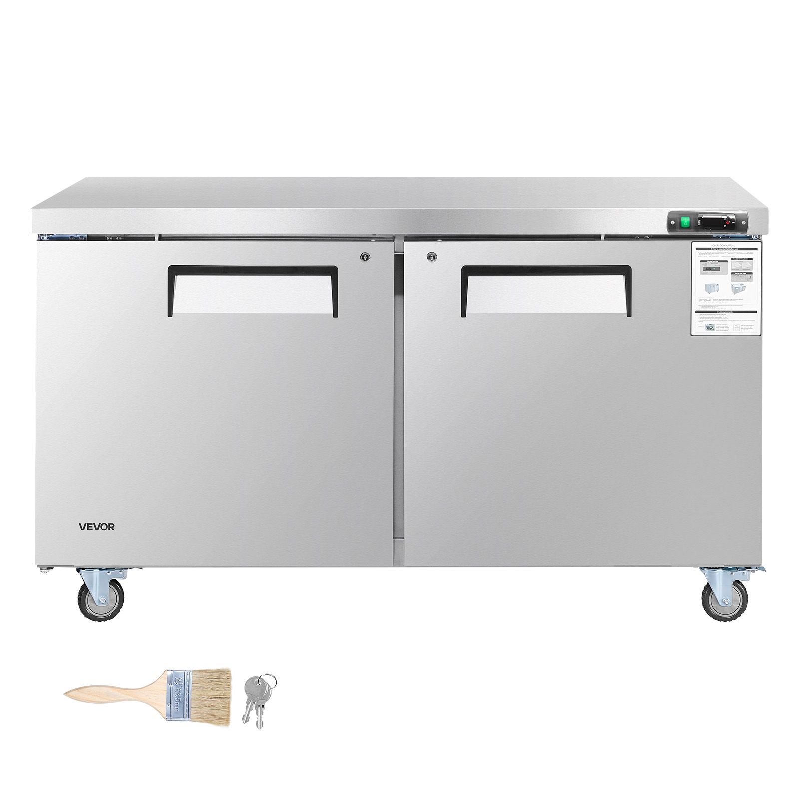 VEVOR 60" W Commercial Freezer, 14.8 Cu.Ft Worktop Freezers Undercounter with LED Auto Lighting and Lockable Door,2 Doors Food Freezing Prep Worktable,Stainless Steel