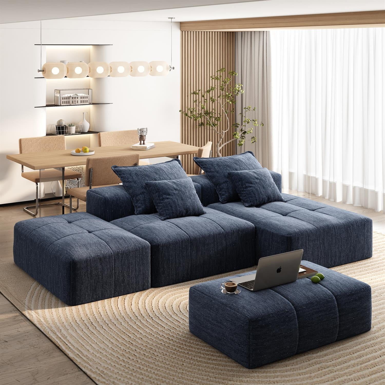 Demi Bonn 127" Modern Oversized Modular Sectional Sofa Set with 4 Pillows, Ottoman, Soft Chenille Fabric DIY Tufted Couch for Living Room, No Assembly Needed, Blue