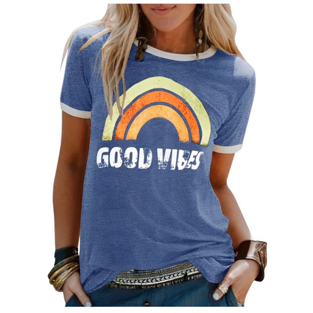 Camiseta de mujer de manga corta y cuello redondo con estampado de arcoíris Good Vibes