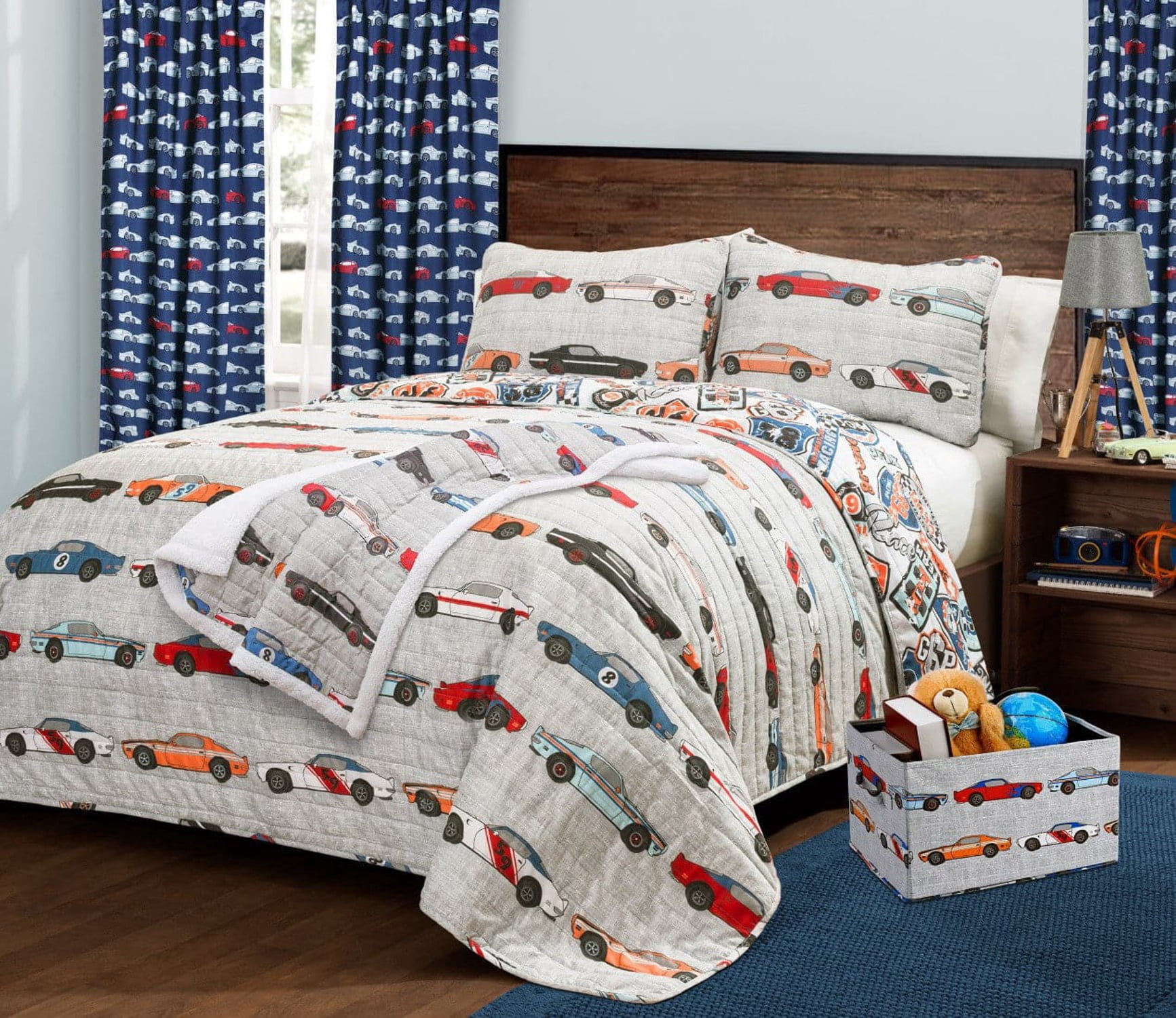 Lush Decor Race Cars Kids Polyester Reversible Quilt, Full/Queen, Blue/Orange, 3-Pc Set
