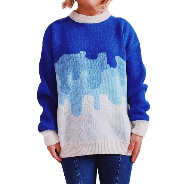 Gibobby Sueteres Para Mujeres Calientitos Elegantes Suéter casual de manga larga con cuello redondo para mujer con combinación de colores gradual(Azul celeste,M)