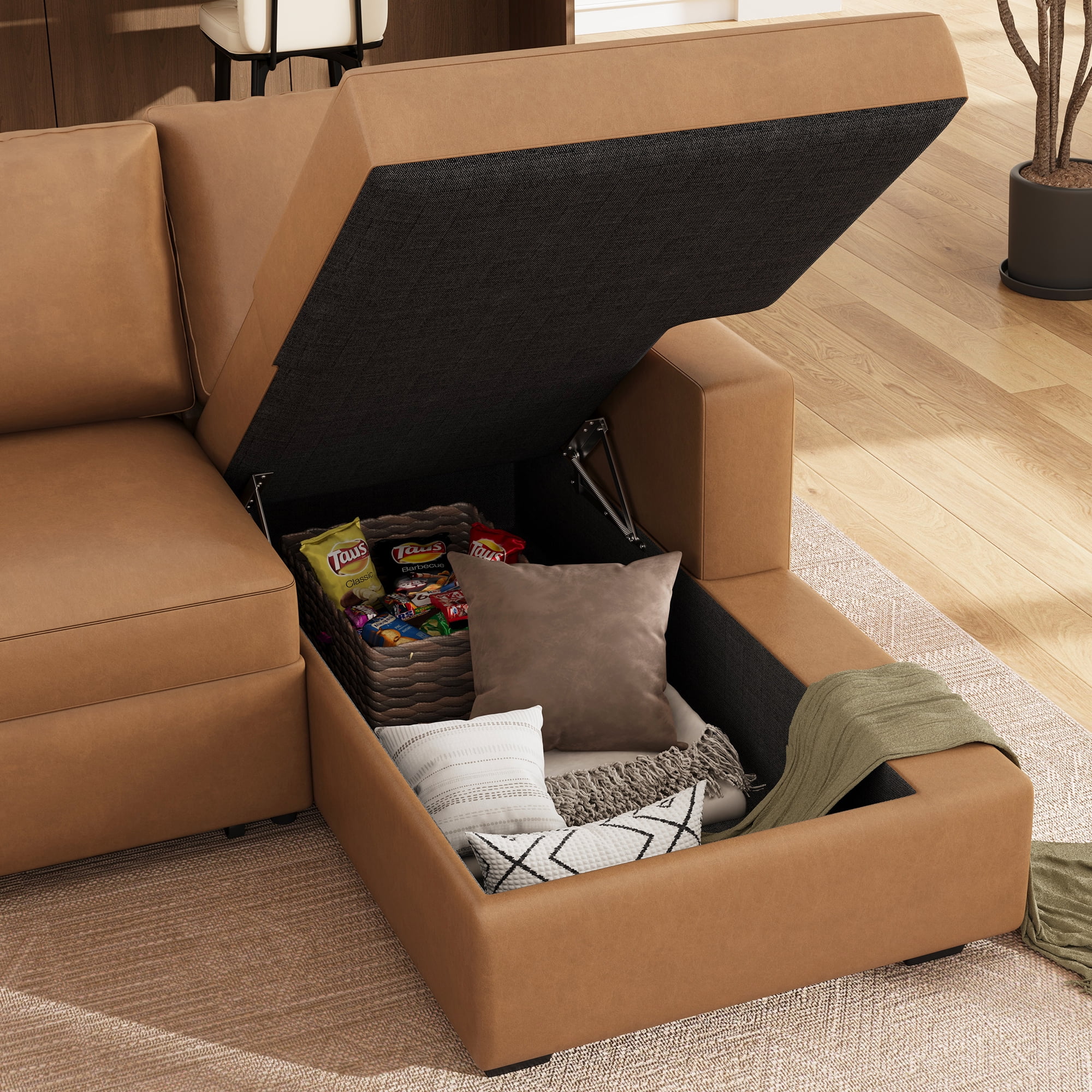 Marrber U Shaped Sectional Sleeper Sofa with Convertible Pull-Out Sofa Bed and Storage Chaise for Living Room, Faux Leather Brown