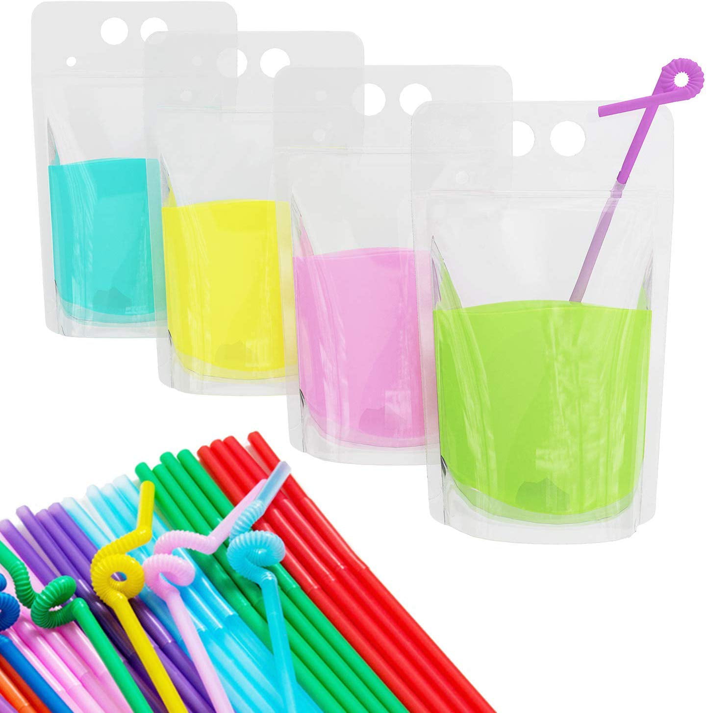 100PCS Drink Pouches Bags + Straws Clear Stand-Up Reclosable Zipper Pouches 