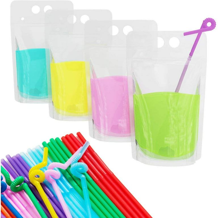 100 Pcs Drink Pouches for Adults, Reclosable Stand-up Drink Pouches with Straws, Heavy Duty Reusable Juice Pouches Zipper Plastic Smoothie Drink Bags
