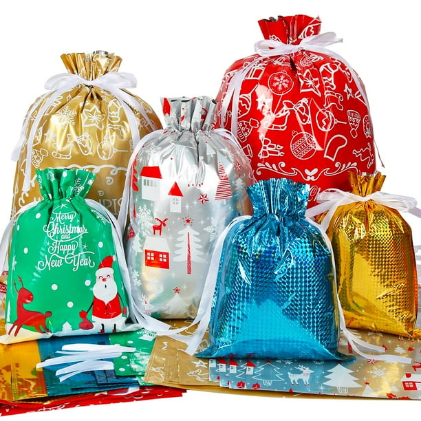 Paquete HRX de 30 bolsas de regalo de Navidad con cordón de aluminio, surtidas