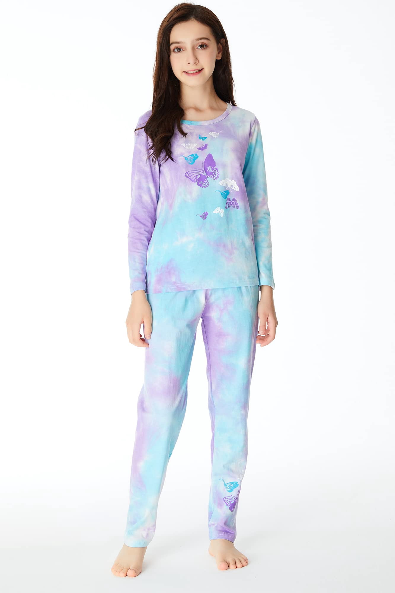 Beezizac Tie Dye Butterfly Pajama Set for Little & Big Girls Size 14 Fall/Winter Cotton Outfit