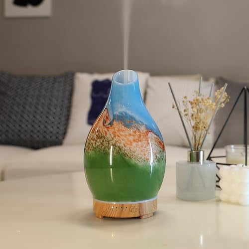 Vase Aroma Essential Oil Diffuser 160ml Art Glass Ultrasonic Cool Mist Scent Aroma Diffuser, Intermittent with Auto Shut-Off Timer Setting &7 Colors Night Light for Home-Ends of The Earth