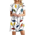 thumbnail image 2 of Été jusqu'à 65 % de Rabais Iumwxz Robe à Col Rond à Manches Courtes pour Femme Tendance Ligne A Décontractée Plissée Robe Courte Robes à Imprimé Feuilles Robes d'Été pour Femmes Robe Habillée pour Costume, 2 of 7