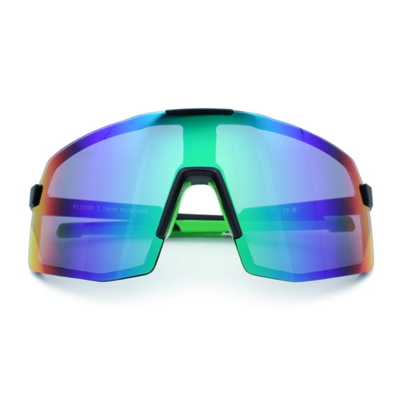 Mens Polarized Oversized Large Shield Monoblock Plastic Sport Sunglasses Black Green - Teal Mirror