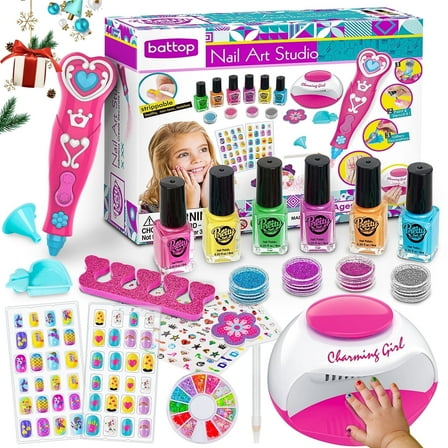 BATTOP Kids Nail Polish Set for Girls, Nail Art Kits with Nail Dryer & Glitter Pen, Quick Dry & Peel Off & Non-Toxic Nail Polish, Christmas Birthday Gifts for Girls Ages 6 7 8 9 10 11 12