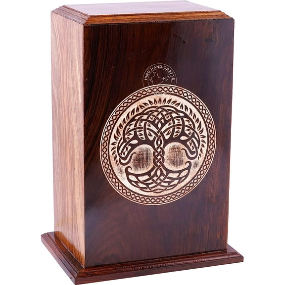 Rosewood Wooden Cremation Urns for Human Ashes Adult - Handcrafted Funeral Memorial Ash Storage Urn - Burial Columbarium (Celtic Tree, 250 Cubic Inches)