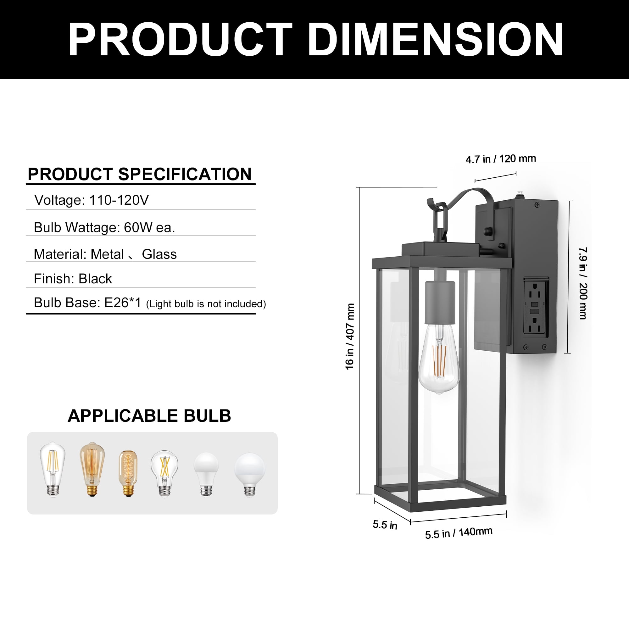 YANSUN  16 in 1-Light Matte Black Outdoor Wall Lanterns Sconce, Waterproof Anti-Rust Wall Lights with Clear Glass for Porch Entryway