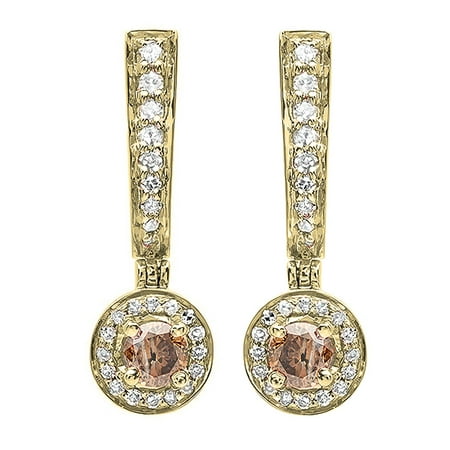 Gold Champagne Diamond Earrings - 0.50 Carat (ctw) 18k Yellow Gold Round Champagne & White Diamond Ladies Fine Dangling Drop Earrings 1/2 CT