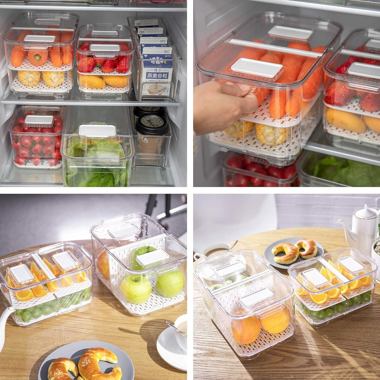 Extra Large Fruit Vegetable Storage Container with Folding Lids, 3 Pack Produce Saver with Vents Stackable Fridge Organizer Salad Lettuce Keeper For Refrigerator, 9L&5.7L&2.8L