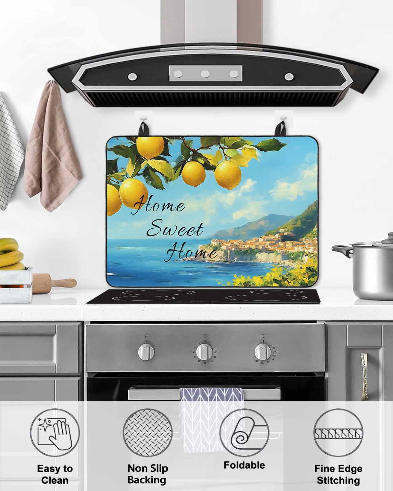 nqOlkjepod Large Induction Cooktop Protector Mat 24"x21", Summer Lemon Stove Top Covers for Electric Stove, Coastal Beach Fruit Mountain Town Stove Burner Cover Mats, Glass Top Stove Cover