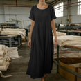thumbnail image 4 of Casual Cotton Linen Dress for Women - Round Neck Short Sleeve Flowy Plus Size Summer Daily Tunic Maxi Dress with Pockets, 4 of 5