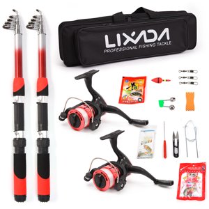 Lixada Kit complet de rotule de pêche Combo avec 2PCS 2.1m Barres de pêche télescopiques 2PCS Spinning Bobines de pêche Lures Crochets Accessoires Sac de pêche