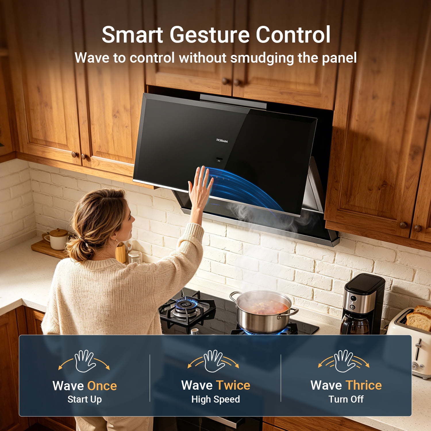 ROBAM 30" Range Hood, 1050 CFM Powerful Suction Kitchen Vent, Side-Draft Vent Hood, Gesture & Touch Control, Wall Mount or Under Cabinet Ducted Hood, Dishwasher Safe Baffle Filter, LED Lights