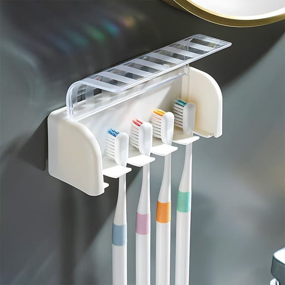 Toothbrush Holder Wall Mounted with Cover,5 Slots White Toothbrush Storage Organizer, Self Adhesive Hanger Rack, Toothbrush Hanger Stand for Bathroom,Cabinet and Dorm
